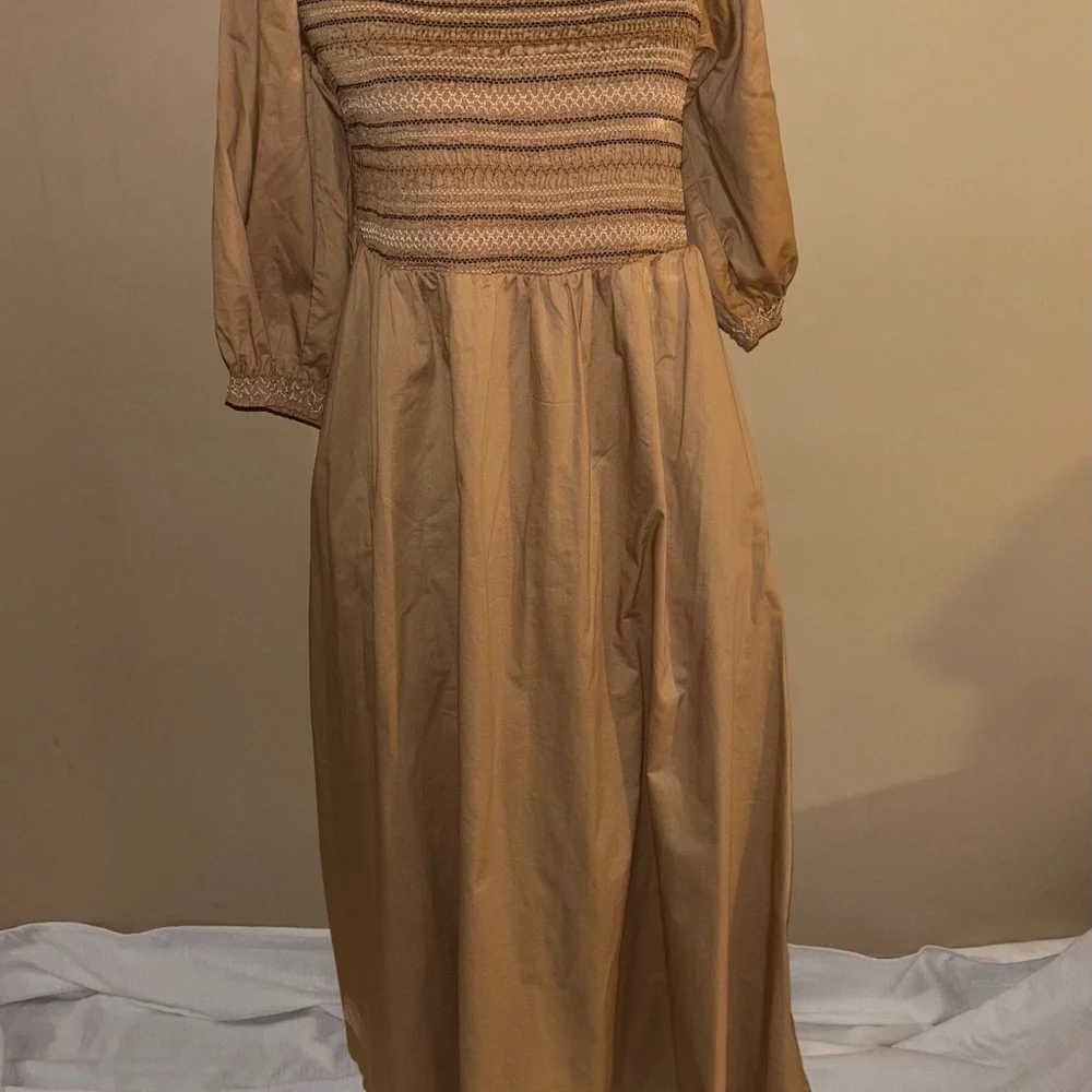 Old Navy Smocked Tan Puff Sleeve Fit Flare Off Shoulder Midi Dress Size L - Picture 5 of 9